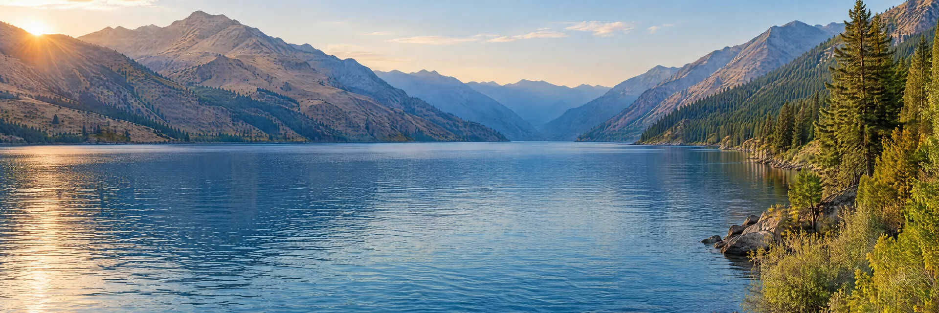 AI-generated illustration inspired by Lake Chelan: long narrow deep-blue Washington lake, steep dry mountain slopes transitioning to evergreen forest.
