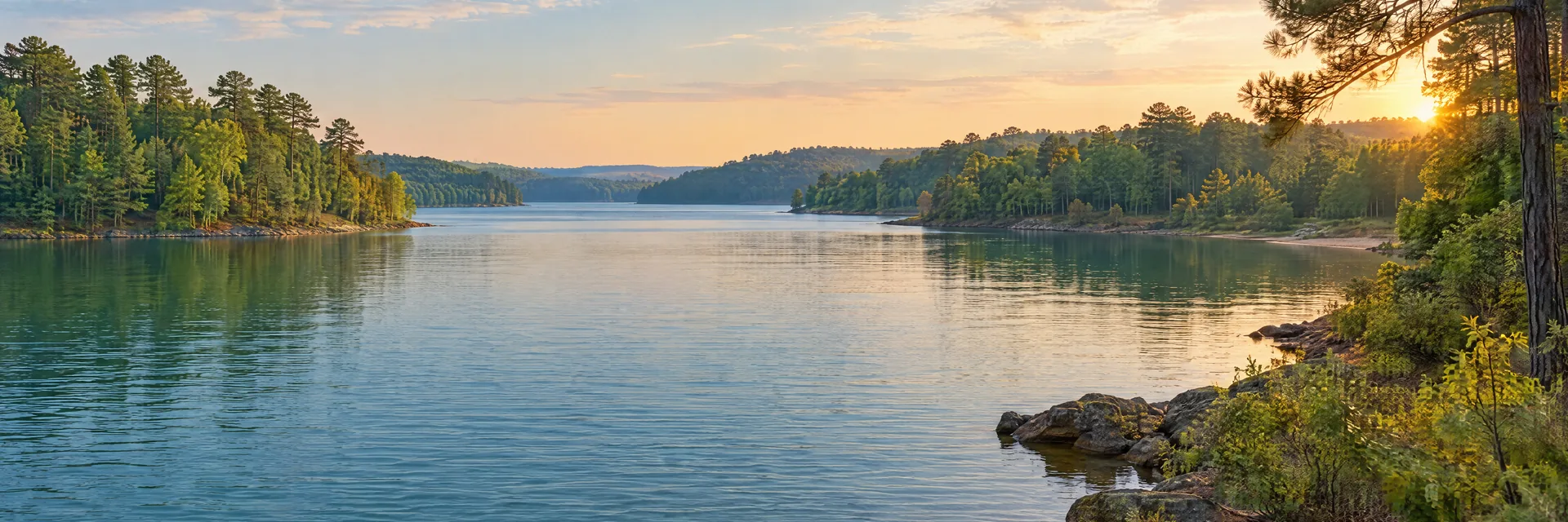 AI-generated illustration inspired by Lake D’Arbonne: freshwater reservoir with gently rolling mixed hardwood and pine woodland, irregular coves, blue-green water.