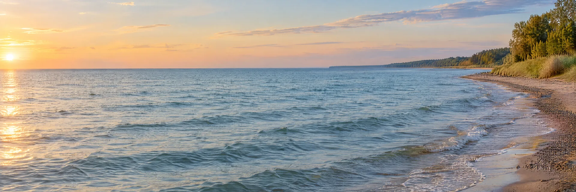 AI-generated illustration inspired by Lake Erie: vast freshwater lake, distant flat horizon, gentle waves, low sandy and wooded shore.