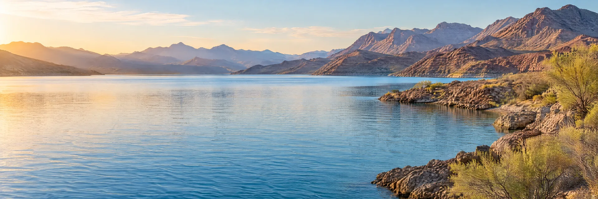 AI-generated illustration inspired by Lake Havasu: Colorado River reservoir with blue water and bare rocky desert mountains, sparse scrub.