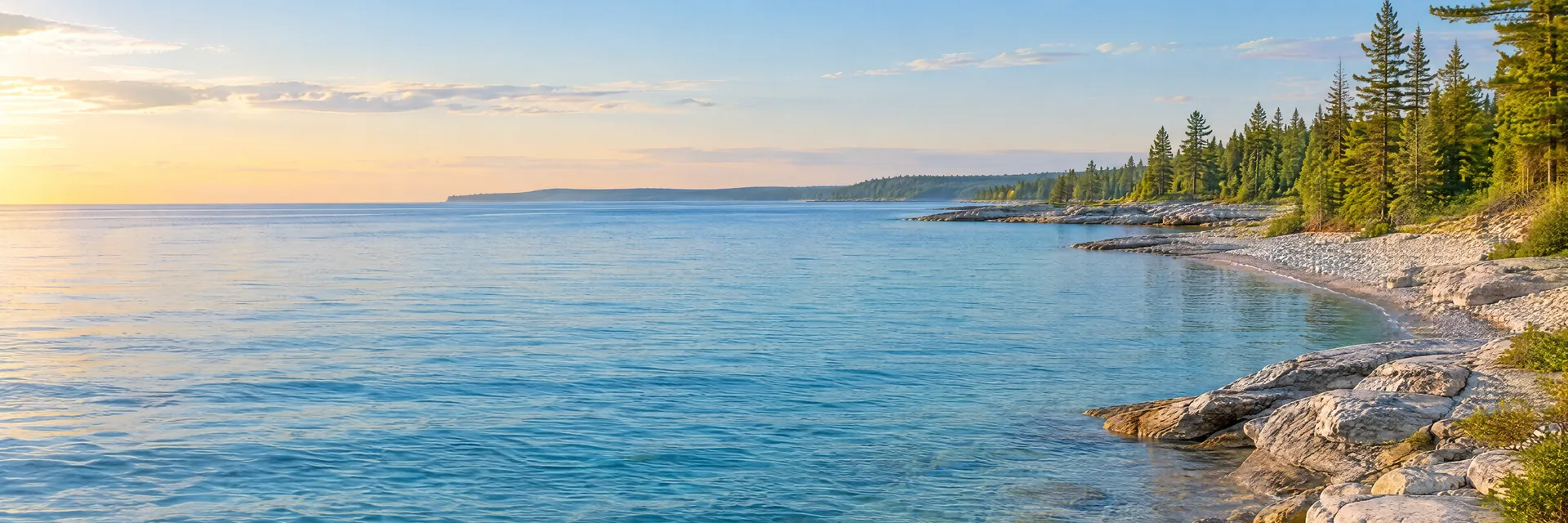 AI-generated illustration inspired by Lake Huron: Great Lakes freshwater coast, clear blue water, pale rocky beach and pine fringe, broad horizon.