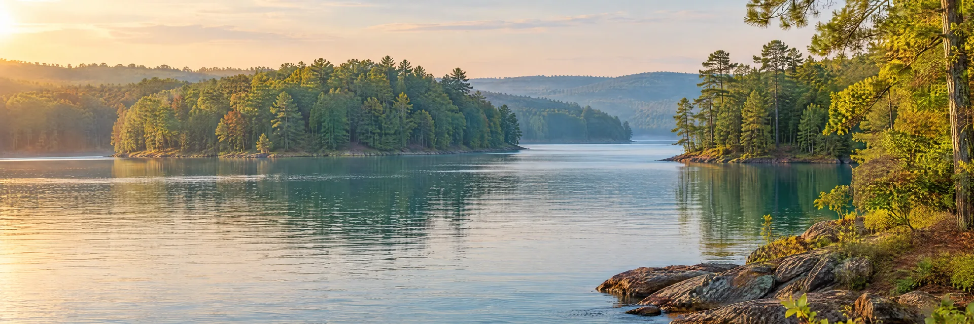AI-generated illustration inspired by Lake Lanier: freshwater reservoir with gently rolling mixed hardwood and pine woodland, irregular coves, blue-green water.