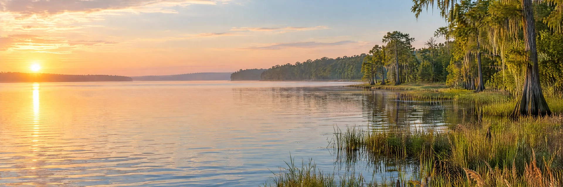 AI-generated illustration inspired by Lake Livingston: southern lowland lake, flat or gently rolling wooded shoreline, cypress and marsh grasses.