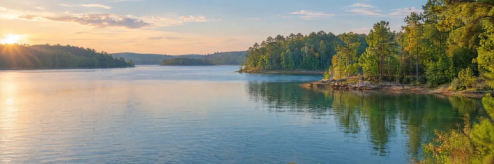 AI-generated illustration inspired by Lake Marion: freshwater reservoir with gently rolling mixed hardwood and pine woodland, irregular coves, blue-green water.