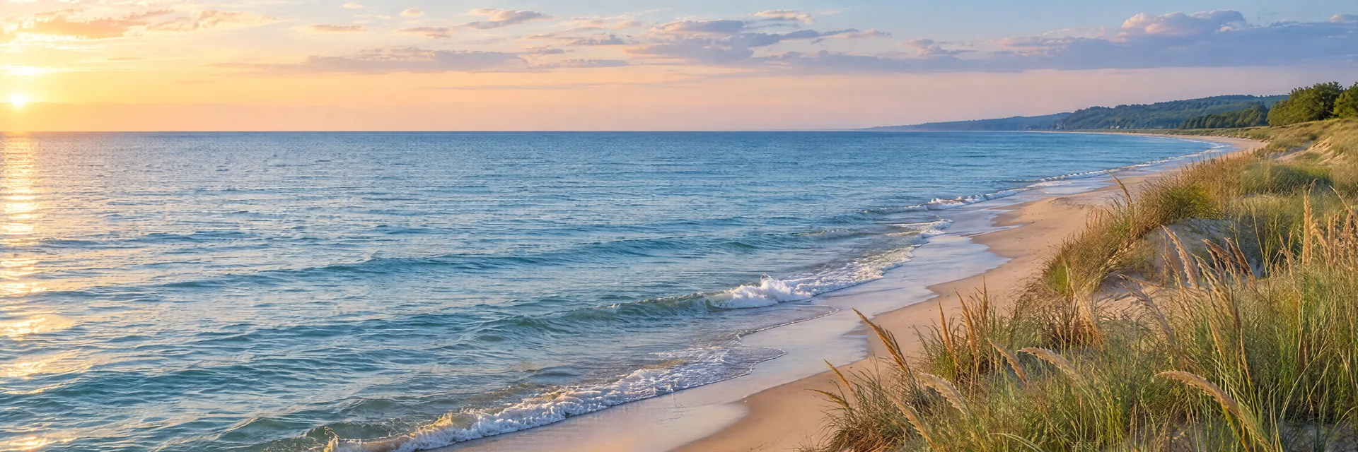 AI-generated illustration inspired by Lake Michigan: Great Lakes coast with sandy beach, low dunes and marram grass, wide blue water horizon.