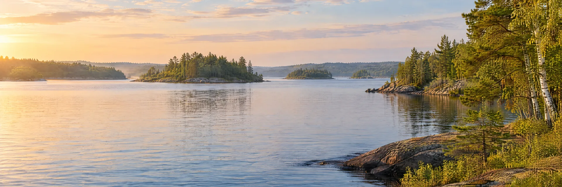 AI-generated illustration inspired by Lake Minnetonka: northern freshwater lake, low rocky shoreline with evergreen and birch forest, small wooded islands and gentle rolling terrain.