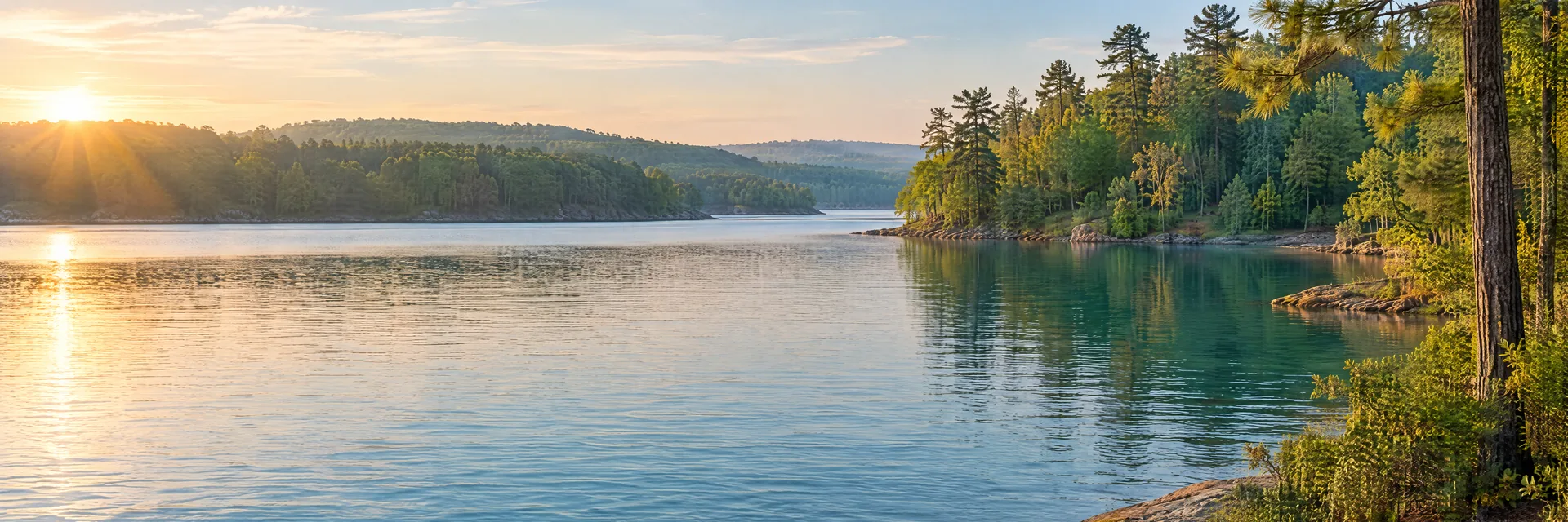 AI-generated illustration inspired by Lake O' the Pines: freshwater reservoir with gently rolling mixed hardwood and pine woodland, irregular coves, blue-green water.