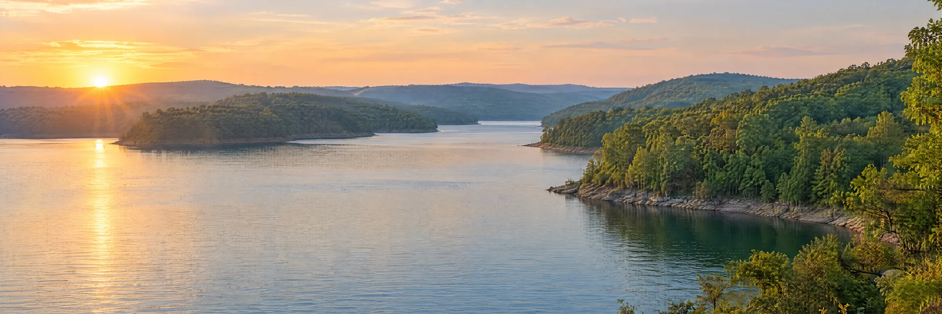 AI-generated illustration inspired by Lake of the Ozarks: Missouri reservoir, branching coves and densely wooded rounded hills.