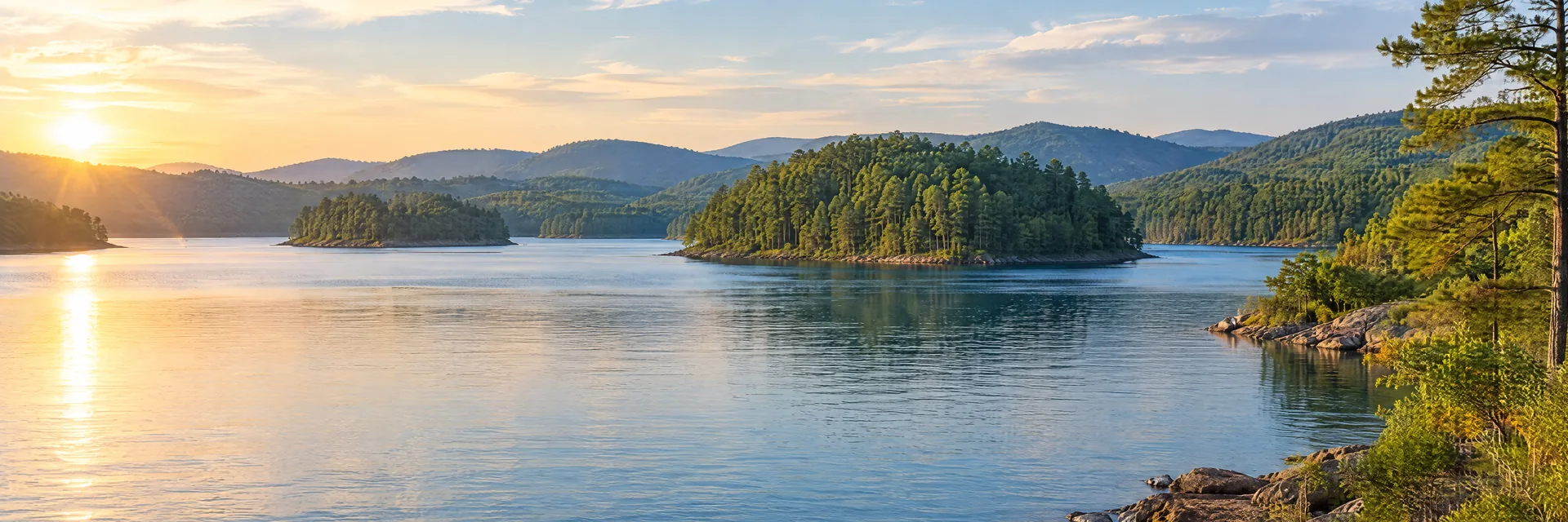 AI-generated illustration inspired by Lake Ouachita: clear blue Arkansas lake, densely wooded rounded hills and small forested islands.