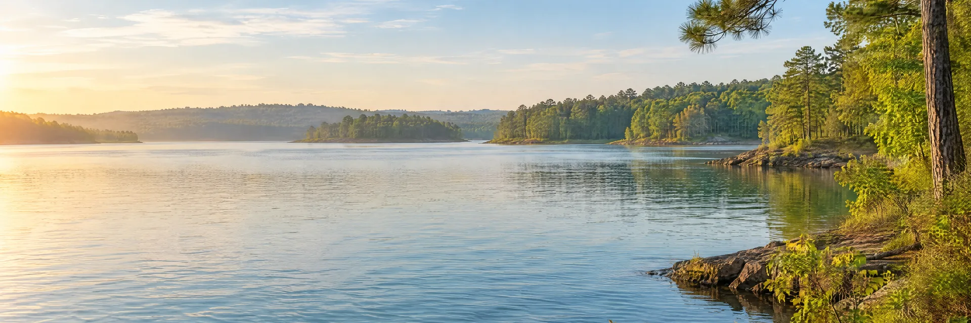 AI-generated illustration inspired by Lake Palestine: freshwater reservoir with gently rolling mixed hardwood and pine woodland, irregular coves, blue-green water.