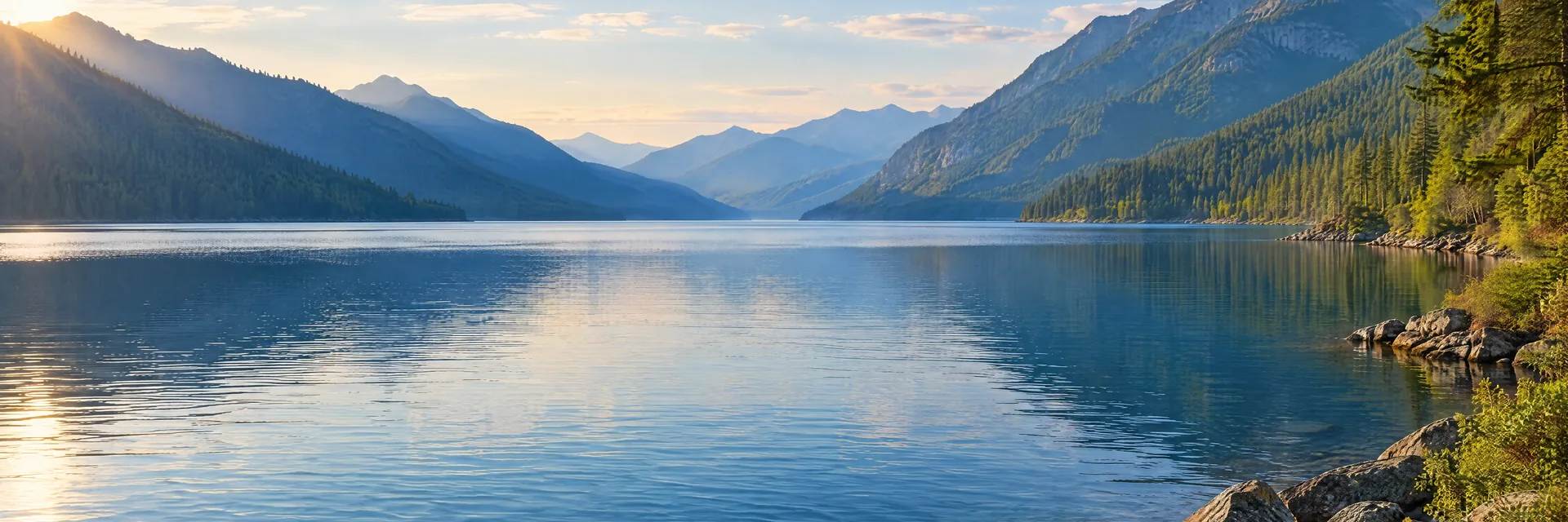 AI-generated illustration inspired by Lake Pend Oreille: deep blue Idaho lake with steep evergreen-covered mountains.