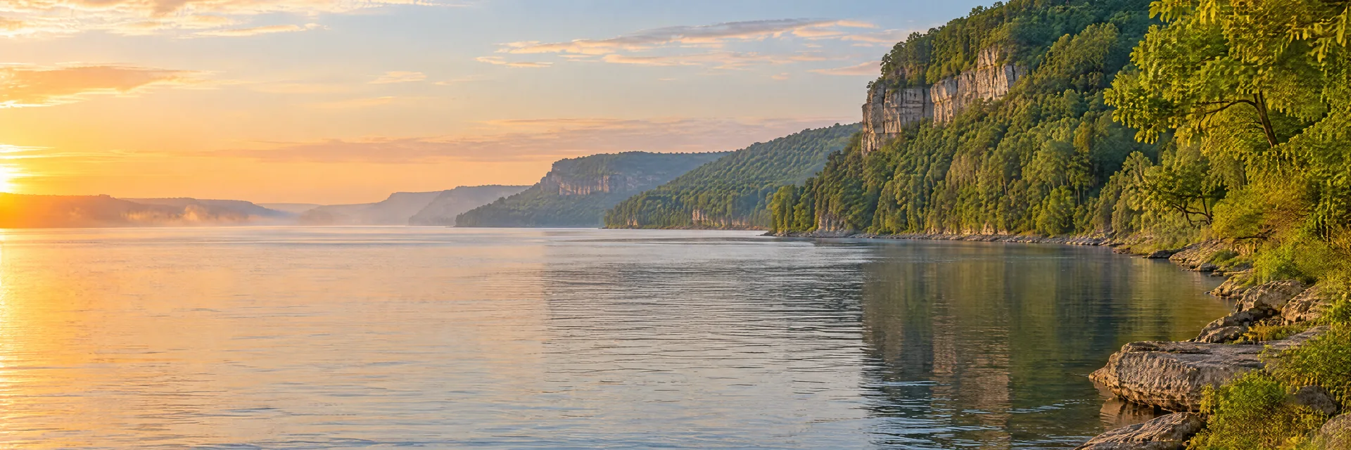 AI-generated illustration inspired by Lake Pepin: wide Mississippi River lake with tree-covered limestone bluffs and wooded banks.
