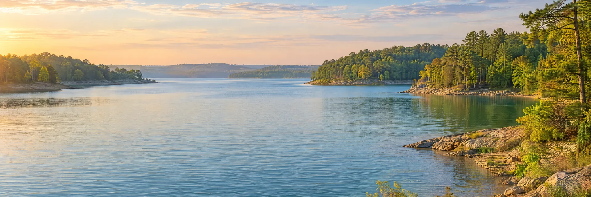 AI-generated illustration inspired by Lake Ray Roberts: freshwater reservoir with gently rolling mixed hardwood and pine woodland, irregular coves, blue-green water.