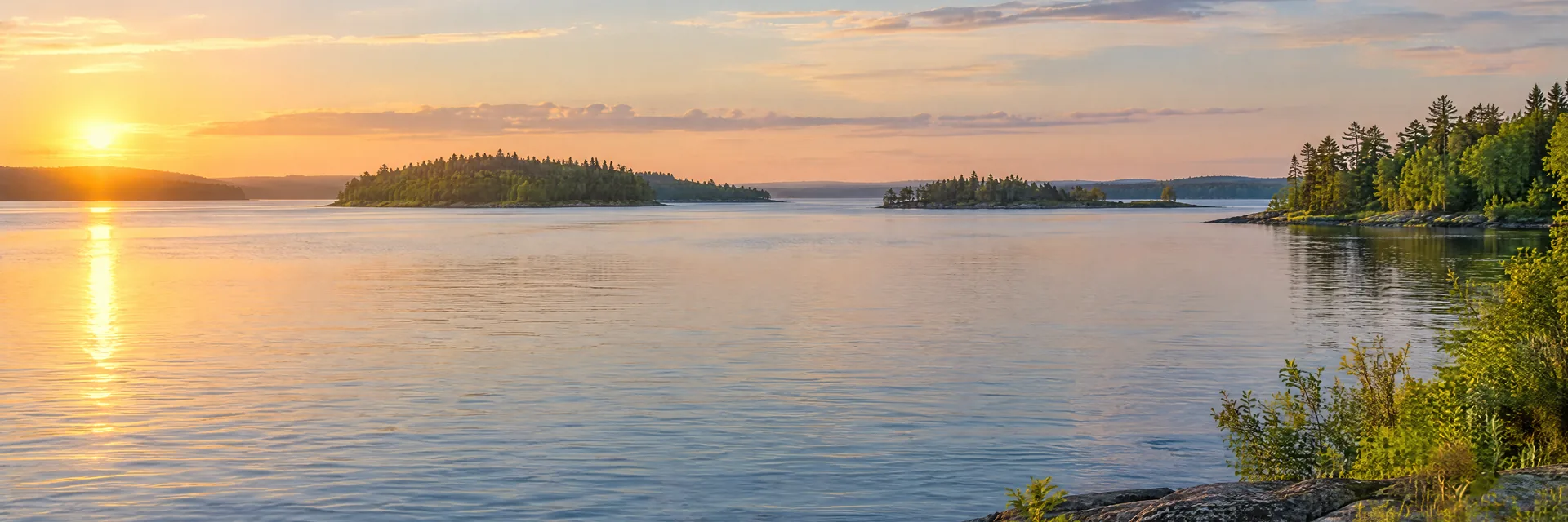 AI-generated illustration inspired by Lake Saint Francis: broad St Lawrence River lake with low forested islands and flat shores.