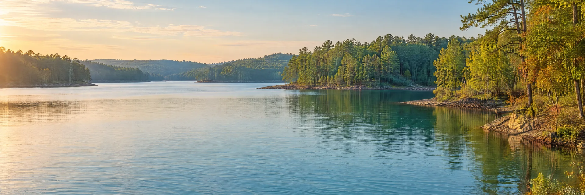 AI-generated illustration inspired by Lake Strom Thurmond: freshwater reservoir with gently rolling mixed hardwood and pine woodland, irregular coves, blue-green water.