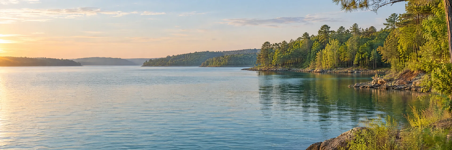 AI-generated illustration inspired by Lake Tawakoni: freshwater reservoir with gently rolling mixed hardwood and pine woodland, irregular coves, blue-green water.