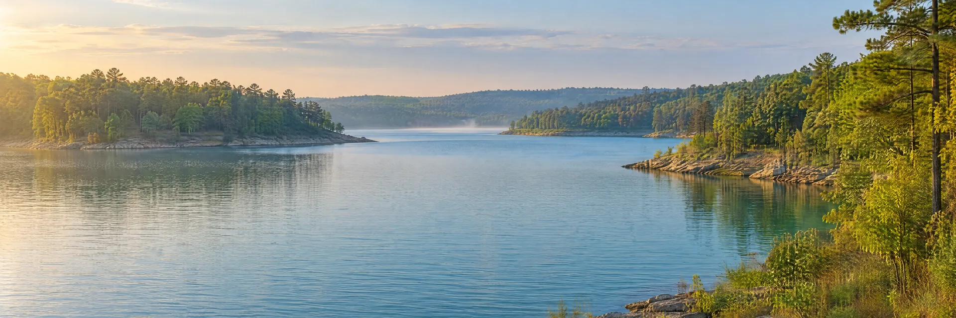 AI-generated illustration inspired by Lake Texoma: freshwater reservoir with gently rolling mixed hardwood and pine woodland, irregular coves, blue-green water.