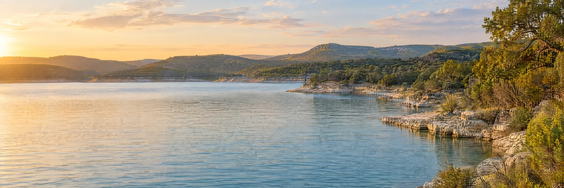 AI-generated illustration inspired by Lake Travis: Texas Hill Country reservoir, pale limestone banks, scrub oak and rolling hills.