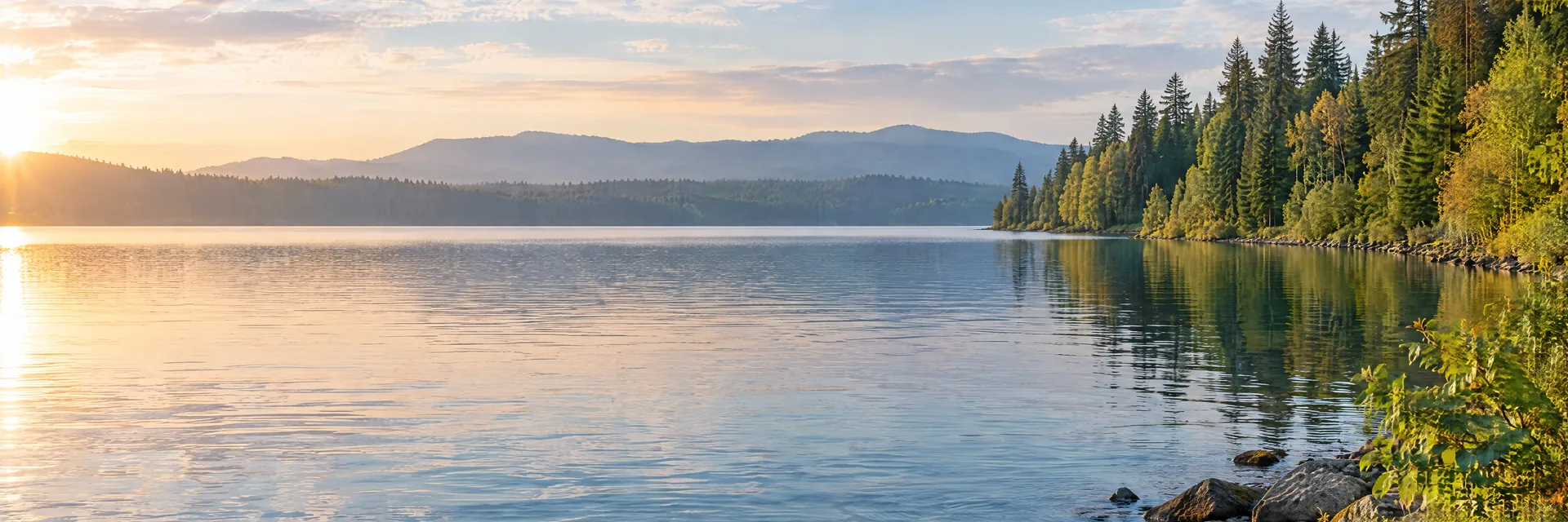 AI-generated illustration inspired by Lake Washington: Pacific Northwest lake, evergreen and mixed forest shore, broad water, softly distant hills.