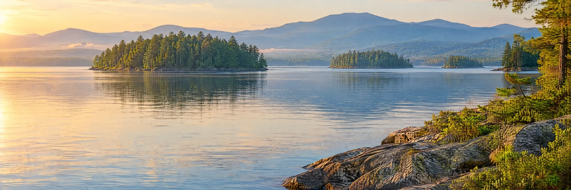AI-generated illustration inspired by Lake Winnipesaukee: New Hampshire lake with wooded islands and distant rounded mountains.