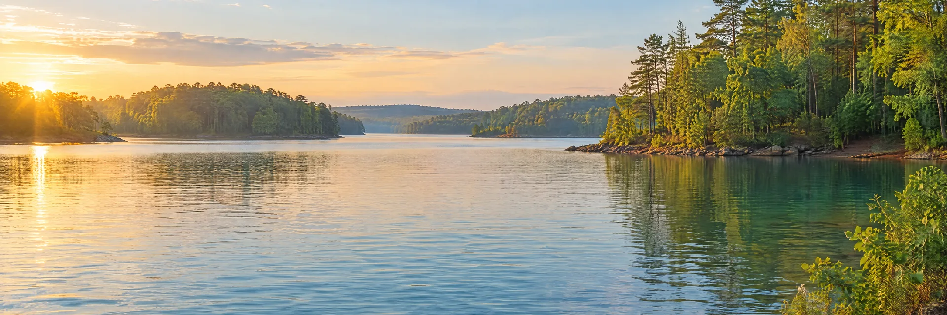 AI-generated illustration inspired by Lake Wylie: freshwater reservoir with gently rolling mixed hardwood and pine woodland, irregular coves, blue-green water.
