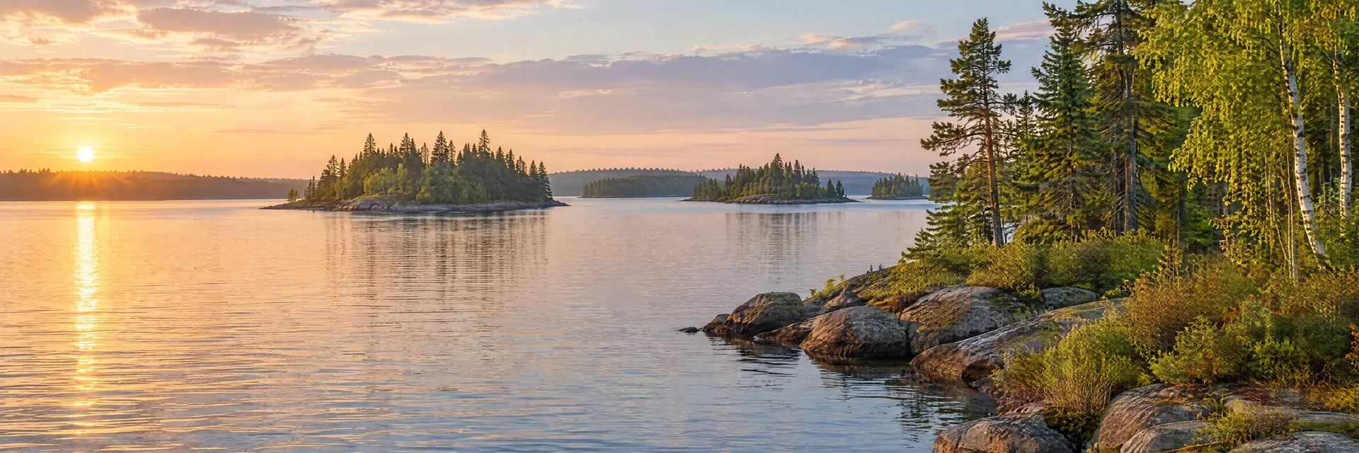 AI-generated illustration inspired by Leech Lake: northern freshwater lake, low rocky shoreline with evergreen and birch forest, small wooded islands and gentle rolling terrain.
