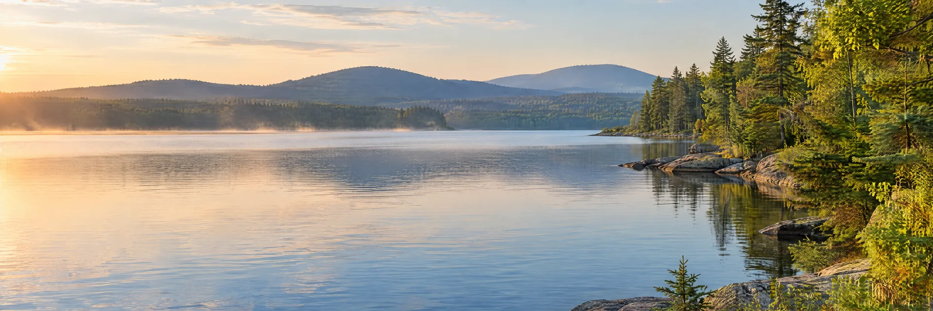 AI-generated illustration inspired by Long Lake: western Maine lake, mixed forest shoreline and gently rounded distant hills.