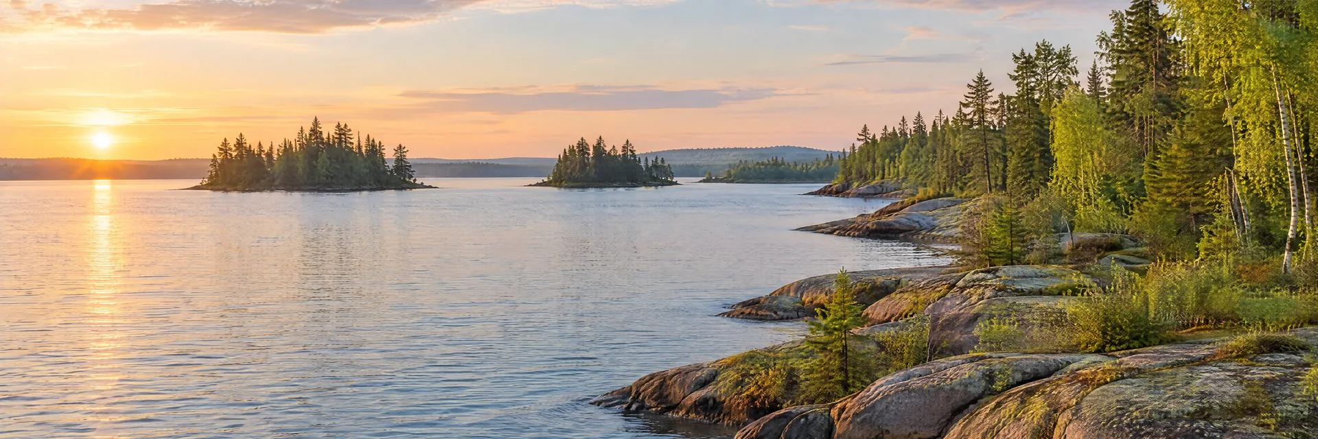 AI-generated illustration inspired by Mille Lacs Lake: northern freshwater lake, low rocky shoreline with evergreen and birch forest, small wooded islands and gentle rolling terrain.
