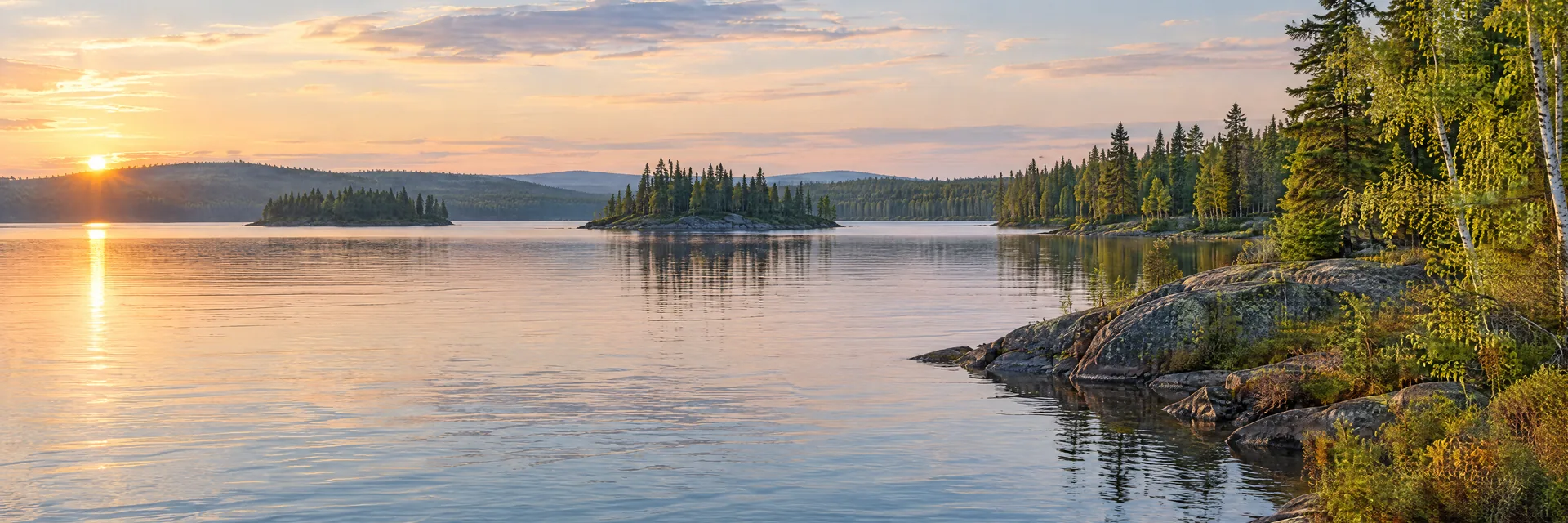 AI-generated illustration inspired by Namakan Lake: northern freshwater lake, low rocky shoreline with evergreen and birch forest, small wooded islands and gentle rolling terrain.