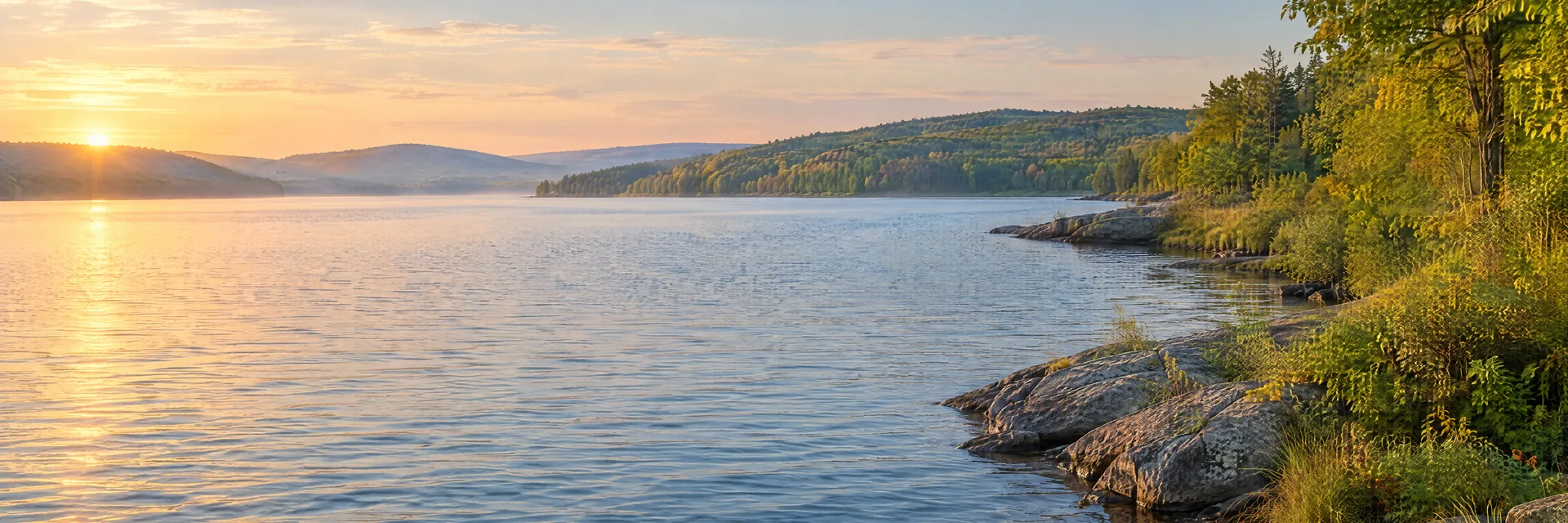 AI-generated illustration inspired by Oneida Lake: northeastern freshwater lake with rolling wooded hills, mixed deciduous forest, natural rocky and grassy banks.