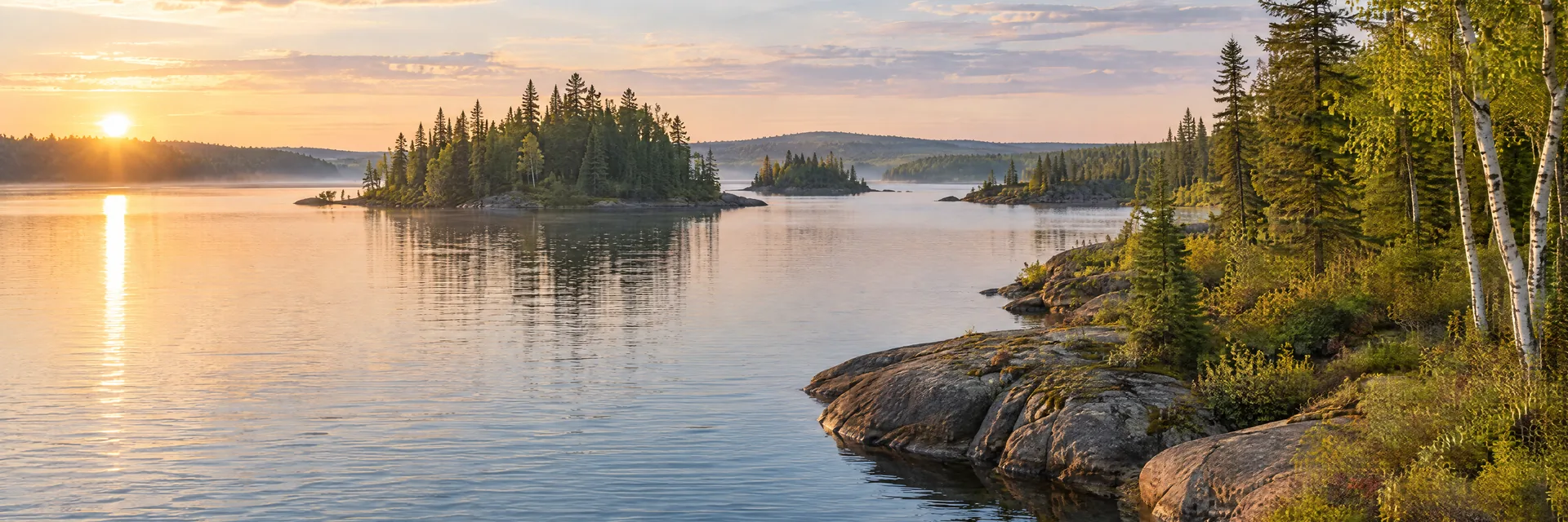 AI-generated illustration inspired by Pelican Lake: northern freshwater lake, low rocky shoreline with evergreen and birch forest, small wooded islands and gentle rolling terrain.
