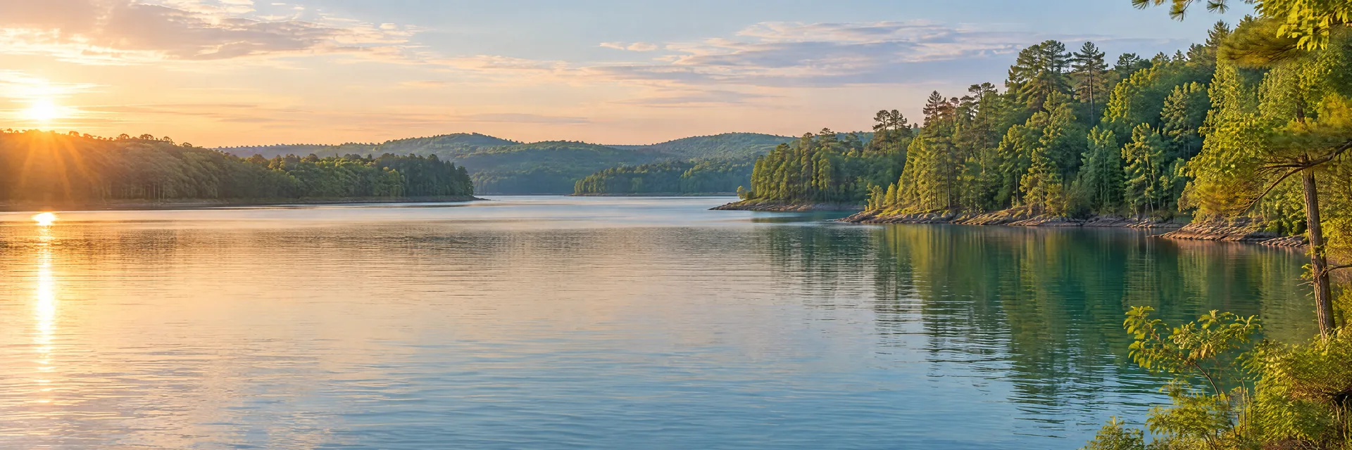 AI-generated illustration inspired by Percy Priest Lake: freshwater reservoir with gently rolling mixed hardwood and pine woodland, irregular coves, blue-green water.