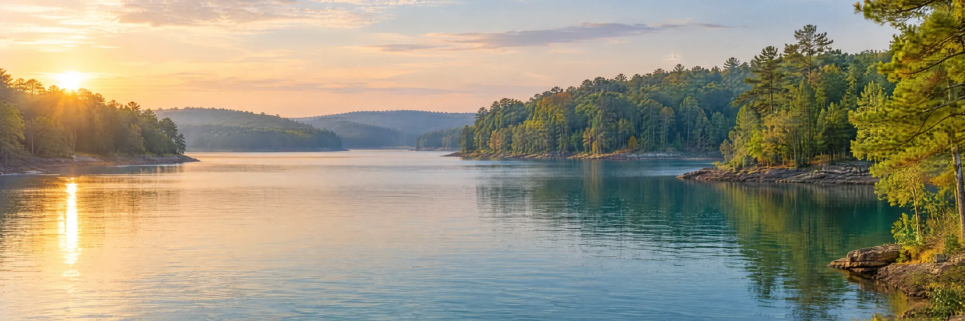 AI-generated illustration inspired by Pickwick Lake: freshwater reservoir with gently rolling mixed hardwood and pine woodland, irregular coves, blue-green water.