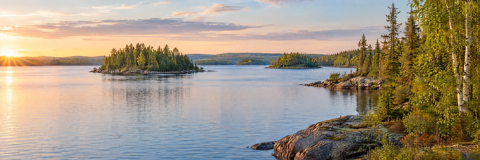 AI-generated illustration inspired by Red Lake: northern freshwater lake, low rocky shoreline with evergreen and birch forest, small wooded islands and gentle rolling terrain.
