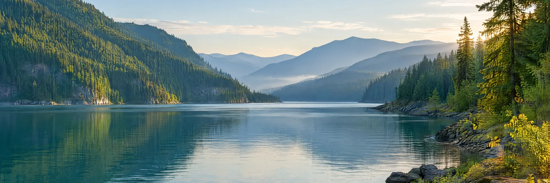 AI-generated illustration inspired by Riffe Lake: Washington reservoir, steep forested foothills and blue-green water.