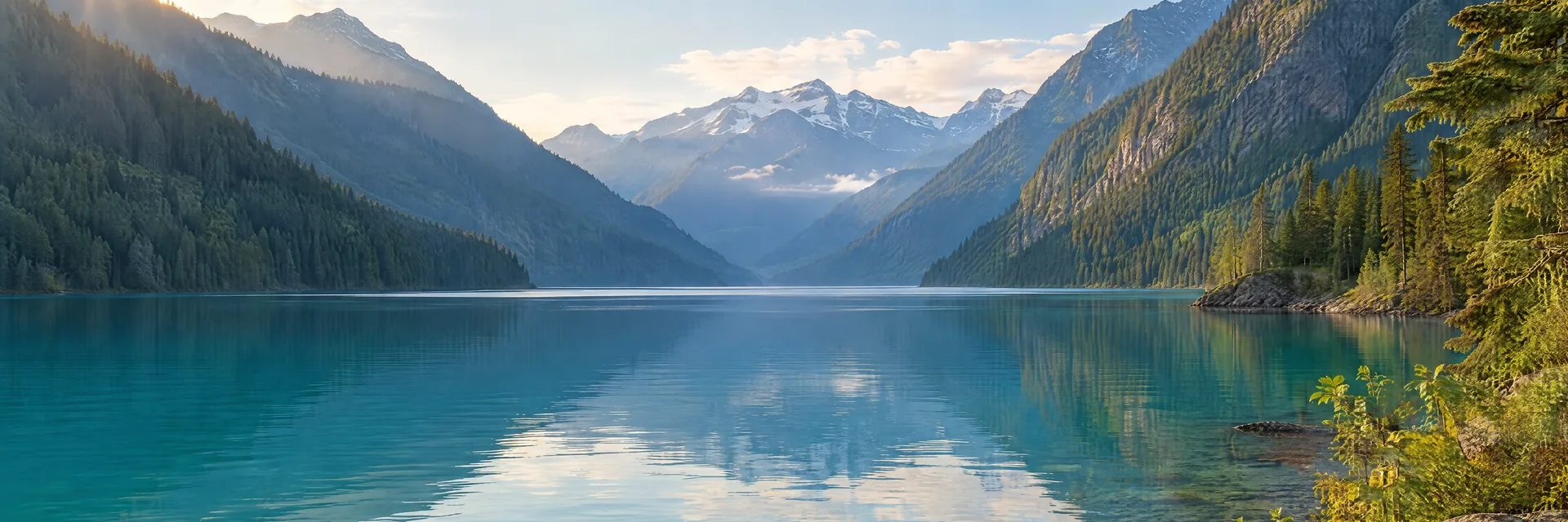 AI-generated illustration inspired by Ross Lake: North Cascades long turquoise lake, steep evergreen-covered mountain valley.