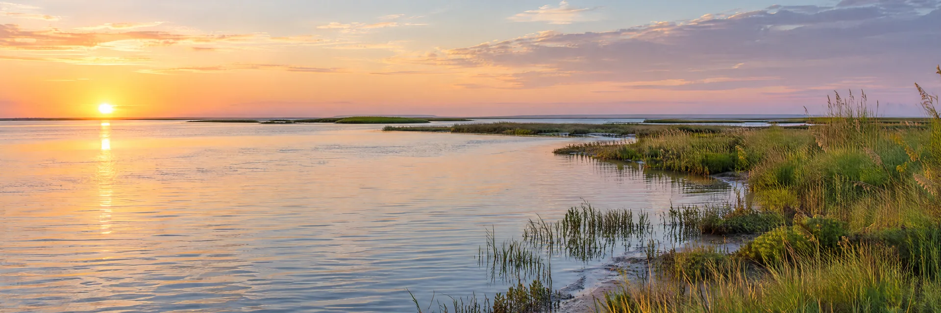 AI-generated illustration inspired by Sabine Lake: Texas Louisiana coastal lake, flat marsh and broad shallow brackish water.