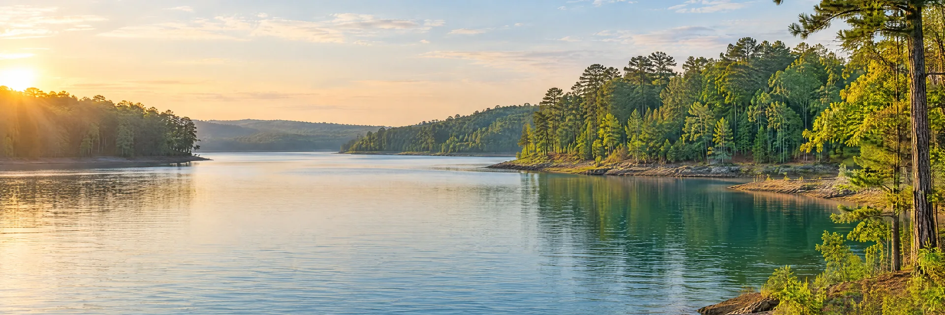 AI-generated illustration inspired by Sardis Lake: freshwater reservoir with gently rolling mixed hardwood and pine woodland, irregular coves, blue-green water.