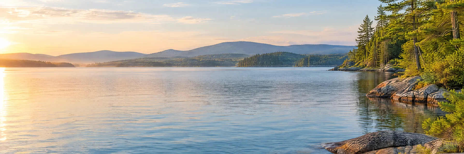 AI-generated illustration inspired by Sebago Lake: Maine clear-water lake, pine-lined shore and gentle rounded distant hills.