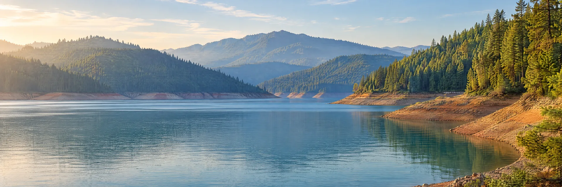 AI-generated illustration inspired by Shasta Lake: northern California reservoir, evergreen-covered hills, blue-green water and exposed earth shoreline.