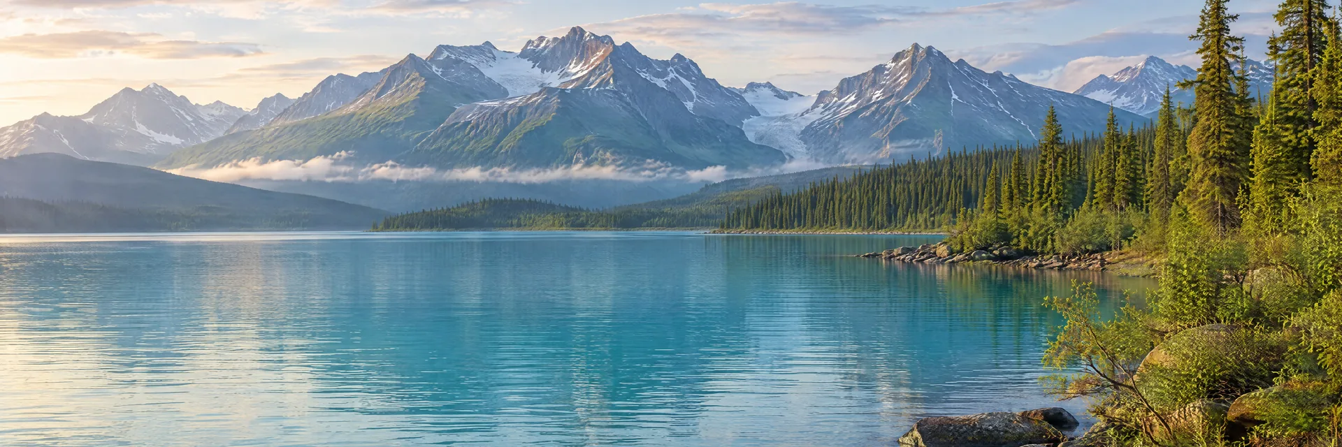 AI-generated illustration inspired by Skilak Lake: Alaskan glacial lake, turquoise water, spruce forest and rugged distant mountains.