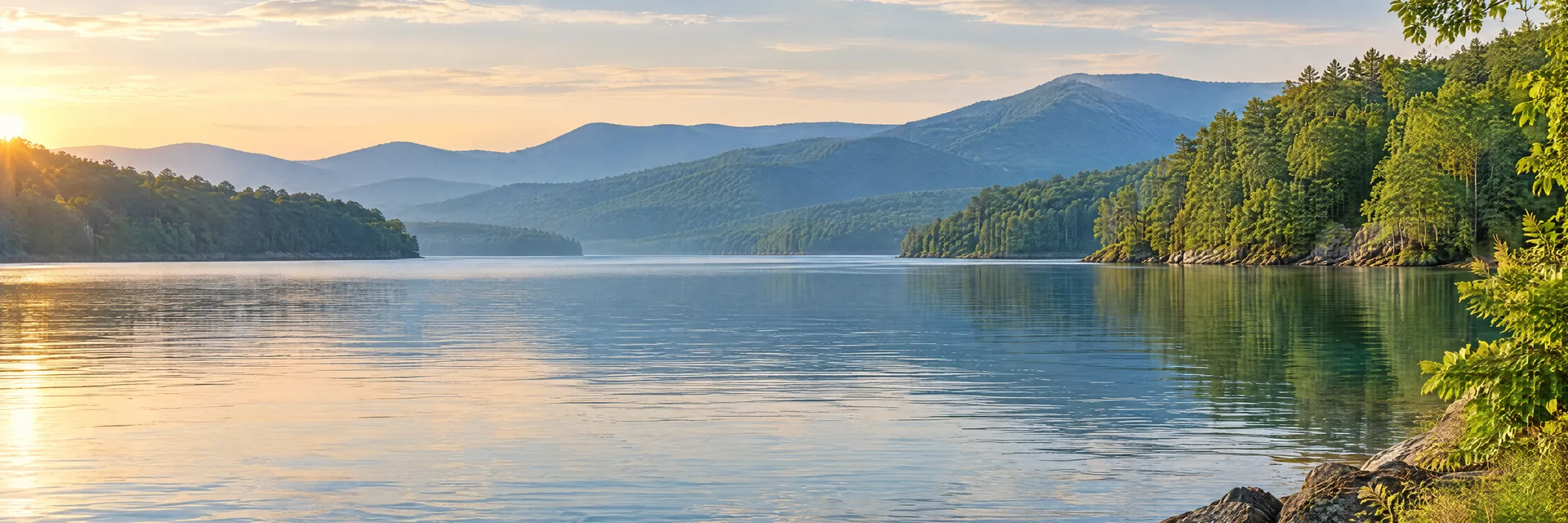 AI-generated illustration inspired by Smith Mountain Lake: Virginia lake with forested coves and rounded Blue Ridge foothills.