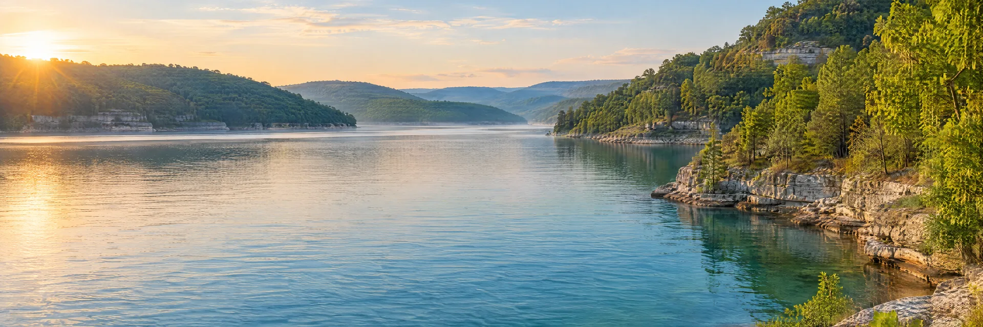 AI-generated illustration inspired by Table Rock Lake: Ozark reservoir, clear blue-green water and wooded limestone hills.