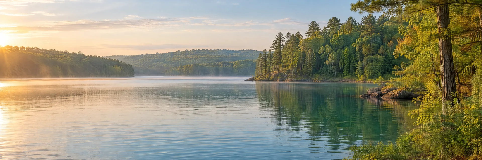 AI-generated illustration inspired by Tippecanoe Lake: freshwater reservoir with gently rolling mixed hardwood and pine woodland, irregular coves, blue-green water.