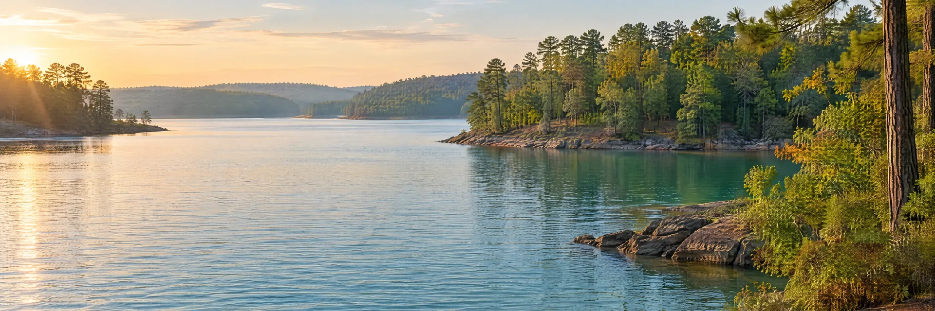 AI-generated illustration inspired by Toledo Bend Reservoir: freshwater reservoir with gently rolling mixed hardwood and pine woodland, irregular coves, blue-green water.