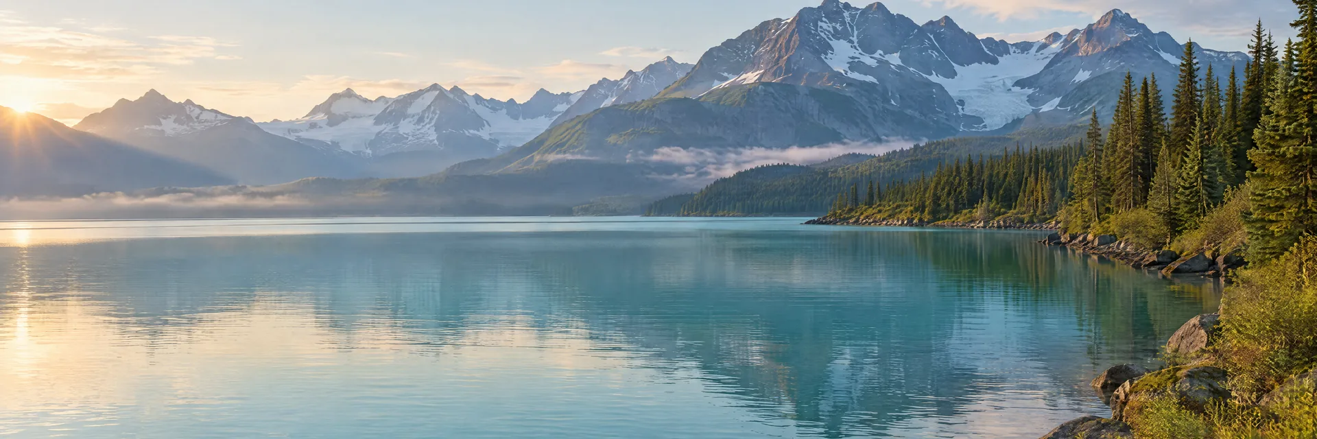 AI-generated illustration inspired by Tustumena Lake: large remote Alaskan glacial lake, muted turquoise water, spruce shore and distant rugged mountains.