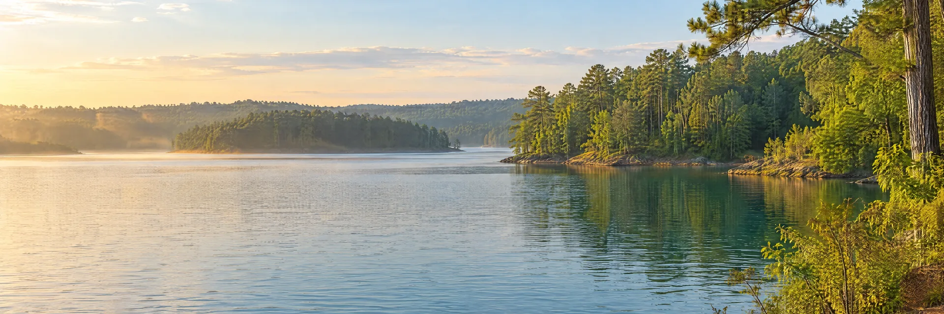 AI-generated illustration inspired by Walter F. George Lake: freshwater reservoir with gently rolling mixed hardwood and pine woodland, irregular coves, blue-green water.