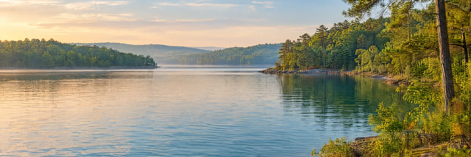 AI-generated illustration inspired by Wheeler Lake: freshwater reservoir with gently rolling mixed hardwood and pine woodland, irregular coves, blue-green water.