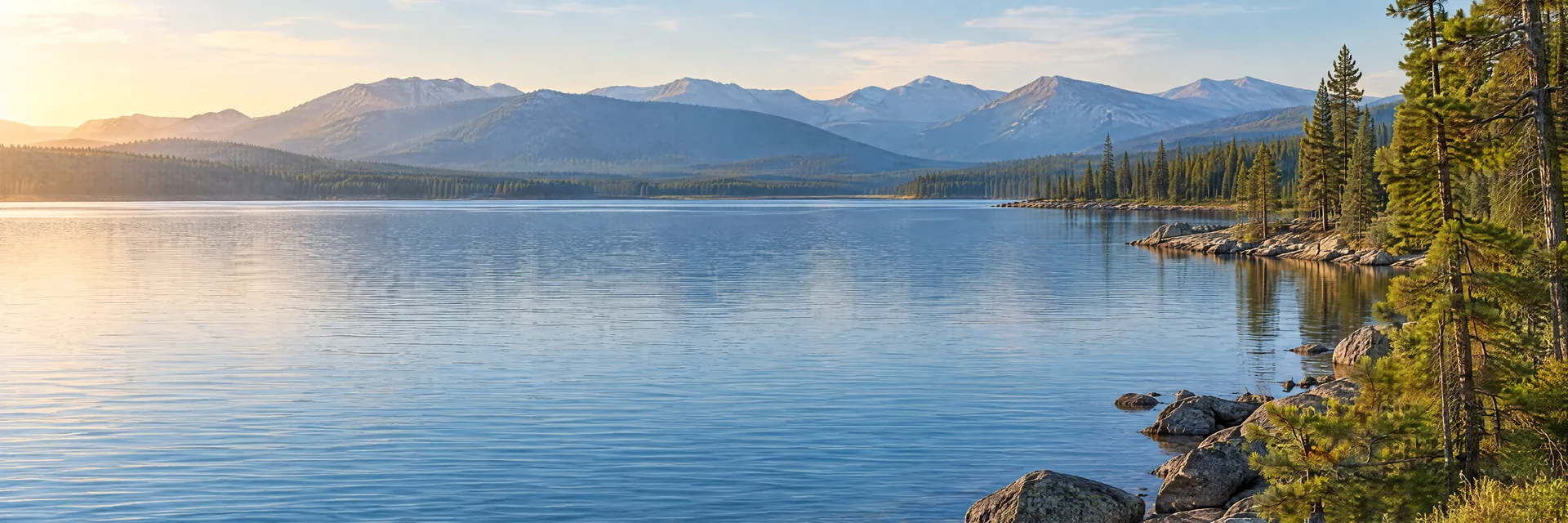 AI-generated illustration inspired by Yellowstone Lake: high-elevation Wyoming lake, lodgepole pine shoreline, broad blue water and distant rounded mountain ranges.