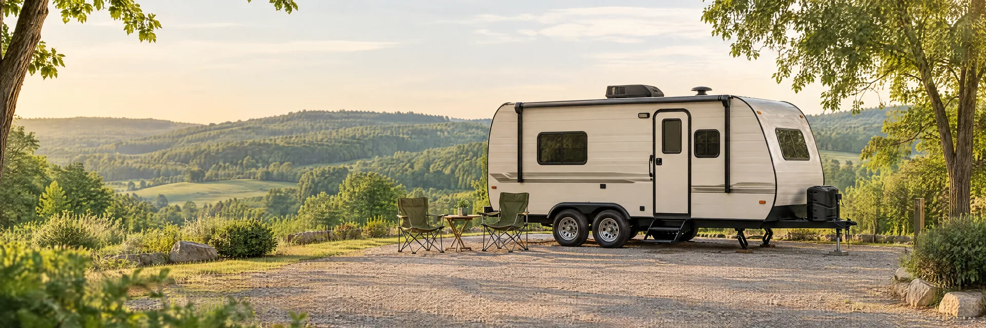 Illustration of a travel trailer at a peaceful tree-lined campsite (generic image, not this place)